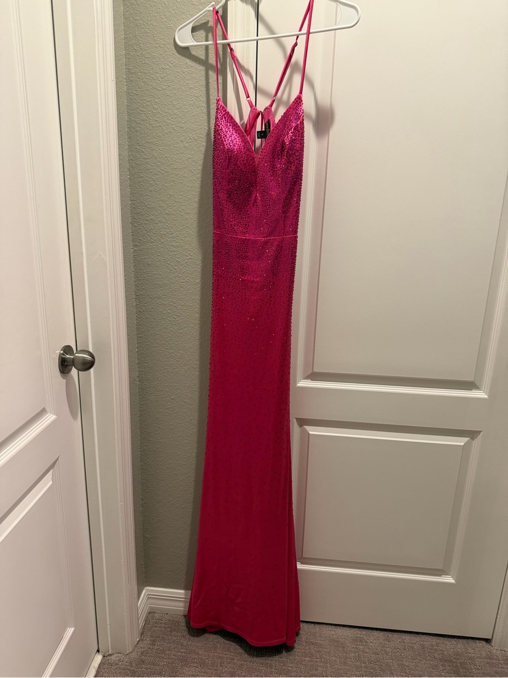 Fuchsia Sequin Spaghetti-Strap Evening Gown